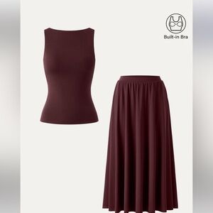 OGL 2Pc Set Stretch Cotton Boatneck Brami Tank & Maxi Umbrella skirt w/ pockets